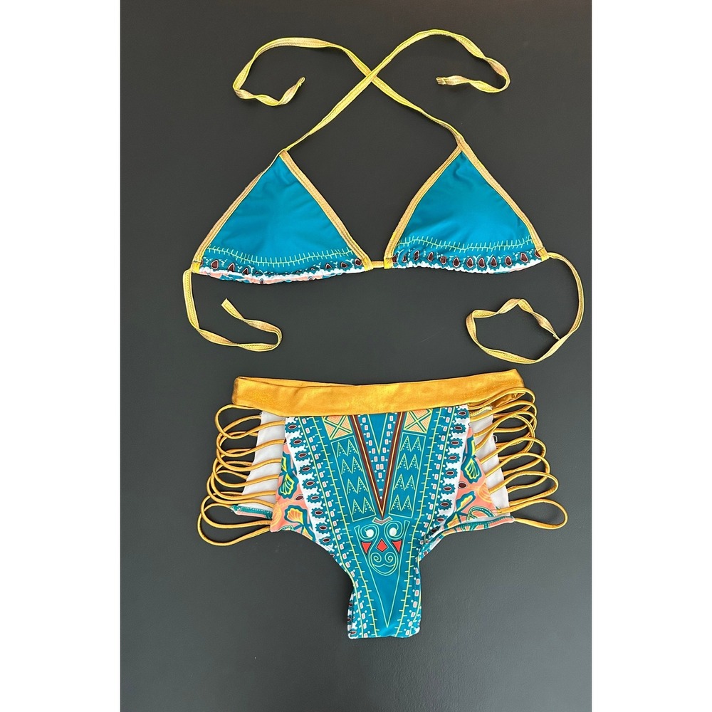 Tribal Dashiki Print High Waist Bikini Set Teal Gold Strappy Cutout Medium 1371